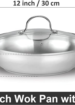 Cooks Standard Wok Stir Fry Pan with Glass Lid, Classic Stainless Steel 12-Inch/30cm Everyday Chef's Pan, Silver