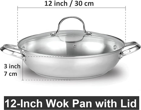 Cooks Standard Wok Stir Fry Pan with Glass Lid, Classic Stainless Steel 12-Inch/30cm Everyday Chef's Pan, Silver
