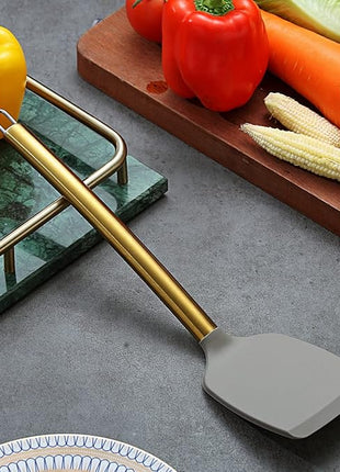 Berglander Non-stick Silicone Solid Turner, Titanium Gold Plating handle, Barbecue Spatula for Cooking, Dishwasher Safe, Easy to Clean
