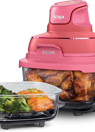 Ninja | Air Fryer | Crispi 4-in-1 Portable Cooking System | 4QT & 6 Cup Glass Containers, Crisper Plates & Storage Lids Included | Microwave, Freezer & Dishwasher Safe | Cherry Crush | FN101DR
