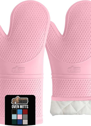 GORILLA GRIP BPA-Free Soft Silicone Oven Mitts, 14.5x8.3, Heat Resistant and Waterproof Cooking Gloves, Thick Cotton Lining, Flexible Gripping for Baking Grilling, Kitchen Potholders Set of 2, Pink