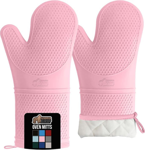 GORILLA GRIP BPA-Free Soft Silicone Oven Mitts, 14.5x8.3, Heat Resistant and Waterproof Cooking Gloves, Thick Cotton Lining, Flexible Gripping for Baking Grilling, Kitchen Potholders Set of 2, Pink