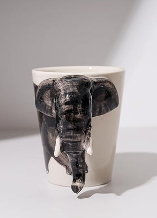 IYARA CRAFT 3D Elephant Coffee Mug 11oz - Handle is Sculpted Trunk, Cute Wildlife Design, Quality Ceramic, Microwave & Dishwasher Safe, Ideal for Tea & Hot Chocolate, 4.5" x 5"… (Black trunk down)
