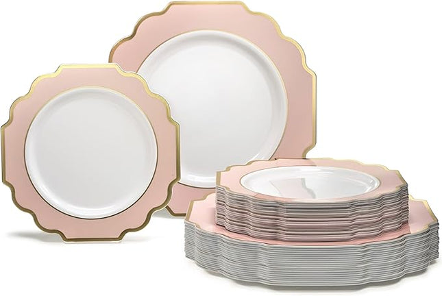" OCCASIONS " 80 Plates Pack,(40 Guests) Heavyweight Premium Wedding Party Disposable Plastic Plates Set -40 x 10.5'' Dinner + 40 x 8'' Salad/Dessert(Imperial in Blush & Gold)