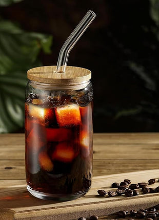 Drinking Glasses with Bamboo Lids and Glass Straw 8PCS Set, 16oz Glass Cups with Lids and Straws, Beer, Iced Coffee Glasses, Soda, Gift 2 Cleaning Brushes