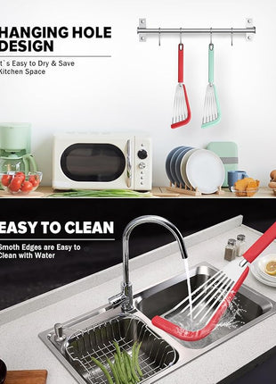 Silicone Fish Spatula Turner Set of 2, Thin Slotted Spatulas Turner for Nonstick Cookware,Heat Resistant Flexible Stainless Steel Kitchen Cooking Spatula Flipper for Fish, Egg, Pancake (RGN)