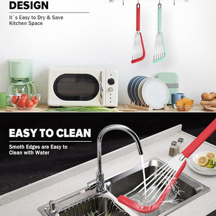 Silicone Fish Spatula Turner Set of 2, Thin Slotted Spatulas Turner for Nonstick Cookware,Heat Resistant Flexible Stainless Steel Kitchen Cooking Spatula Flipper for Fish, Egg, Pancake (RGN)