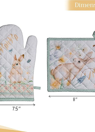 Maison d' Hermine 100% Cotton Oven Mitt & Pot Holder Set (7.5"x13" & 8"x8") Heat Resistant BBQ Cooking Gloves with Loop, Baking, Grilling, Kitchen, Handling Hot Pans Spring/Summer (Easter Dew)