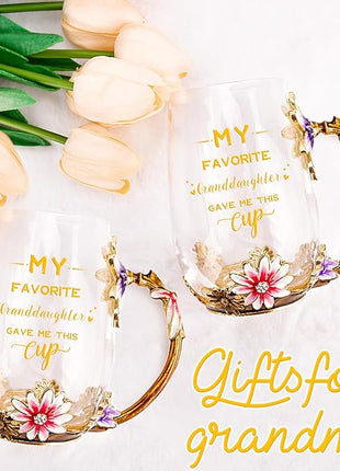 OEAGO Grandma Gifts from Granddaughter Tea Cup Birthday Grandparent Gifts Mothers Day Enamel Flower Glass Mugs from Grandkids Grandchildren