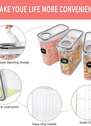 PRAKI Large Dry Food Storage Containers with Lids, 6PCS Airtight Cereal Containers Storage Set, Leak-proof Canister Set for Kitchen Pantry Organization with 20 Labels & Marker (4L Black)