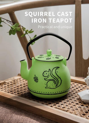 Toptier Teapot with Removable Infuser, Cast Iron Tea Kettle Stovetop Safe, Squirrel Design Tea Pot Coated with Enameled Interior for 32 Ounce (950 ml), Bright Green