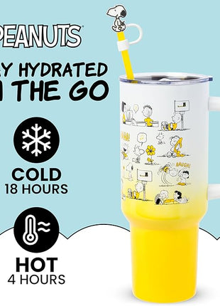 Silver Buffalo Peanuts Iconic Scenes Featuring Charlie Brown, Snoopy, Woodstock, Lucy, Sally, Linus & More Stainless Steel Tumbler w Handle, Straw, & Straw Cap, Fits in Standard Cup Holder, 40 Ounces