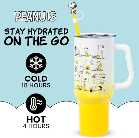 Silver Buffalo Peanuts Iconic Scenes Featuring Charlie Brown, Snoopy, Woodstock, Lucy, Sally, Linus & More Stainless Steel Tumbler w Handle, Straw, & Straw Cap, Fits in Standard Cup Holder, 40 Ounces