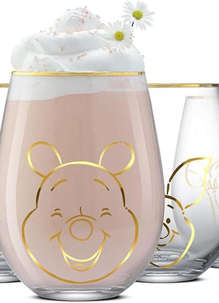 JoyJolt Disney Winnie the Pooh Gold Sketch Stemless Drinking Glasses Set of 4, 19oz Glass Cups ft Pooh Bear Tigger Piglet Eeyore, Disney Kitchen Glassware Set, Winnie the Pooh Adult Gifts