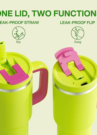 ENCOOL 40 oz Tumbler with Handle and Straw: Stainless Steel Insulated Tumbler Keeps Cold for 24 Hours, Leakproof Travel Cup Fits in Cup Holder and BPA-Free,Acid Green