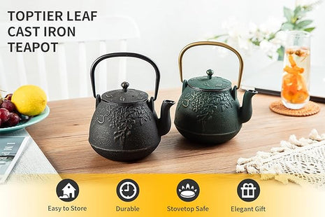 Toptier Tea Kettle for Stove Top, Cast Iron Teapot Stovetop Safe with Infusers for Loose Tea, 54 oz, Black