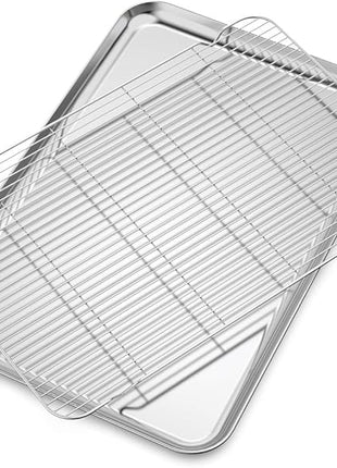 Large Set Baking Sheet and Cooling Rack Set, Bastwe 24L x 16W x 1H inch Professional Bakeware, Healthy & Nontoxic & Rustproof & Easy Clean