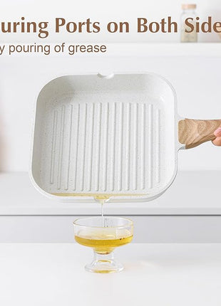SENSARTE Nonstick Ceramic Grill Pan for Stove Tops, Square Grilling Pan with Pour Spouts, Non Toxic Durable Grill Skillet for All Stoves(Gas,Electric,Induction) PTFE,PFAS,PFOA Free, 12Inch (White)