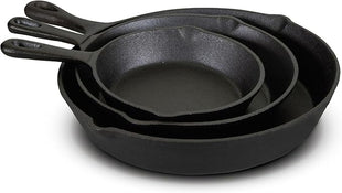 Jim Beam HEA Set of 3 Pre Seasoned Cast Iron Skillets with Even Distribution and Heat Retention-6" 8" 10", 10'', Black,JB0195
