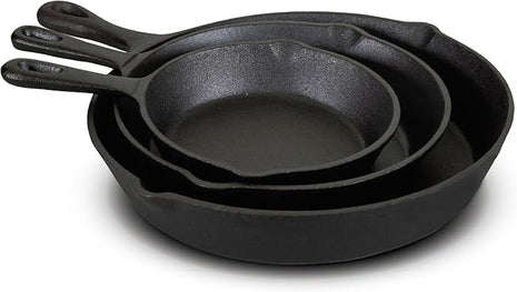 Jim Beam HEA Set of 3 Pre Seasoned Cast Iron Skillets with Even Distribution and Heat Retention-6" 8" 10", 10'', Black,JB0195