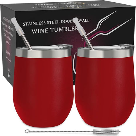 CHILLOUT LIFE 12 oz Stainless Steel Wine Tumblers 2 Pack - Double Wall Vacuum Insulated Wine Glasses Cups with Lids and Straws Set Keeping Cold & Hot for Coffee, Beer, Ice Cream - Powder Coated Red