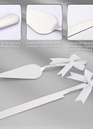 Wedding Cake Cutting Set, Elegant Wedding Cake Knife and Server Set with Thick Stainless Steel Wide Handle, Cake Cutting Set for Wedding Anniversary Christmas, Cake Cutter, 2 Cute Forks and Bows