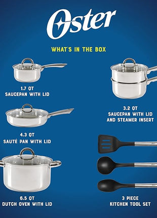Oster Sangerfield 12-Piece Stainless Steel Cookware Set With Kitchen Tools, Non-Stick Pots and Pans, Durable Oven Safe Cookware for Home Cooking