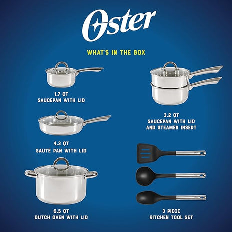 Oster Sangerfield 12-Piece Stainless Steel Cookware Set With Kitchen Tools, Non-Stick Pots and Pans, Durable Oven Safe Cookware for Home Cooking