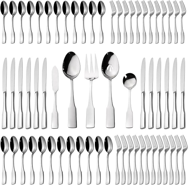 Alata Kate 65-Piece Silverware With Utensil-Serving Set, Service for 12, Stainless Steel Flatware, Mirror Polished Cutlery, Dishwasher Safe