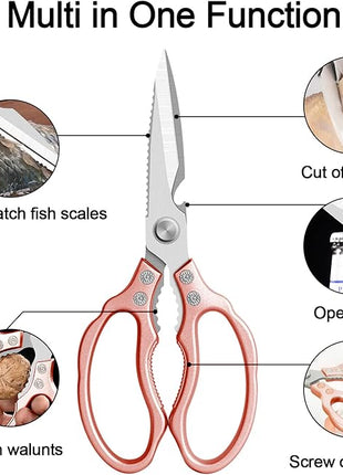 CGBE Kitchen Scissors, Multi-Purpose Kitchen Shears, Heavy Duty Dishwasher Safe Food Scissors for Chicken, Poultry, Fish, Meat & Herbs with Non-Slip Grips - Rosegold