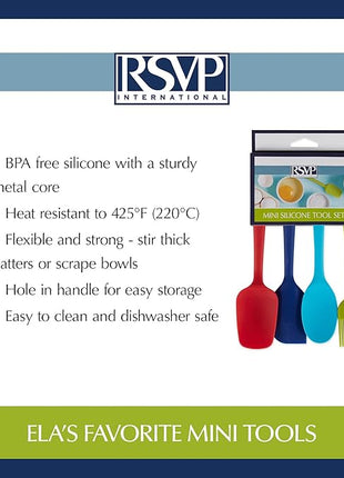 RSVP International Ela Series Mini Spatula Set for Cooking & Baking Silicone Rubber Scraper, Great Tool for Kids, Spoon, Spatula & Brush, 4 Piece Set, Assorted Colors, 4 Count
