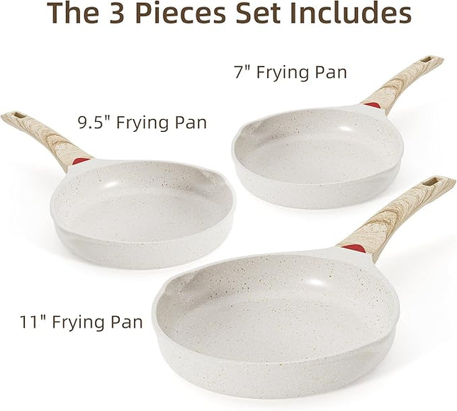 Caannasweis Nonstick Granite Frying Pan Skillet, Non Stick Omelette Fry Pans, Omelet Egg Pan, Stone Cookware Chef's Pan, Induction Compatible, PFOA Free (Beige, 3 Pcs)