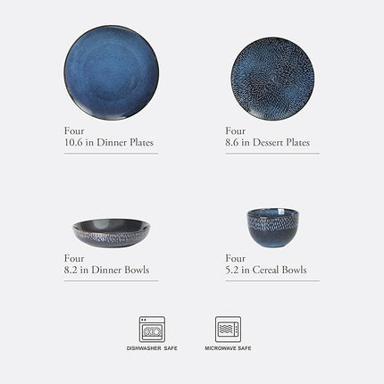 Gibson Elite Matisse 16-Piece Dinnerware Set – Double Bowl Reactive Glaze Cereamic Stoneware in Blue – Plates and Bowls Sets for 4, Microwave & Dishwasher Safe, Rustic Modern Design