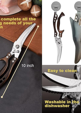 ANDONG Kitchen Scissors, Heavy Duty Professional Poultry Shears, Stainless Steel Spring Loaded, Dishwasher Safe, with Black Leather Sheath
