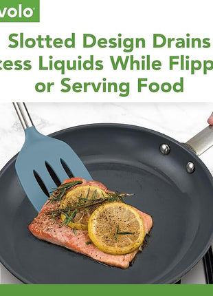 Tovolo Slotted Silicone Spatula Turner Slotted Stainless Steel Handle 10" Blue Slate Heat Resistant Non Toxic BPA Free Kitchen Utensil, Silicone Egg Pancake Flipper Metal Handle Turner for Cooking