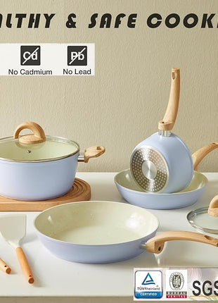 Blue Non Stick Pots and Pans Set, Healthy Ceramic Cookware Set, 12pcs Kitchen Cooking Pots and Frying Sauce Saute Pans Set, PFAS-Free with Kitchen Utensils and Lid