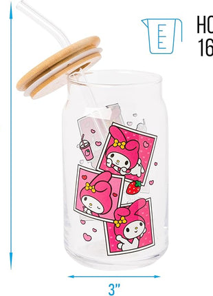 Silver Buffalo Sanrio Hello Kitty and Friends My Melody Polaroids Glass Jar Tumbler with Bamboo Lid and Glass Straw, 16 Ounces (Pack of 12)