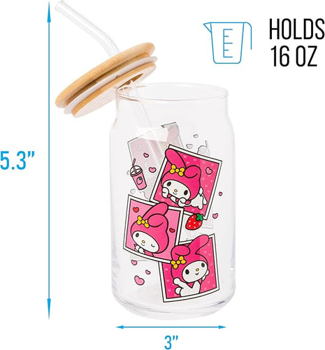 Silver Buffalo Sanrio Hello Kitty and Friends My Melody Polaroids Glass Jar Tumbler with Bamboo Lid and Glass Straw, 16 Ounces (Pack of 12)