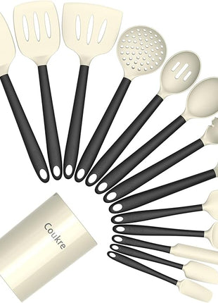 Coukre Silicone Kitchen Cooking Utensils Set with Holder – Heat-Resistant, Food-Grade Kitchen Tools, Spatula, Spoon & Gadgets for Non-Stick Pans, Dishwasher Safe (14, Beige)