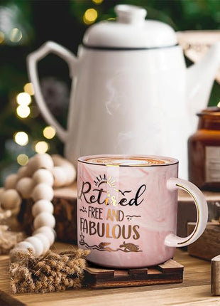 Retirement Gift for Woman 2025 - Retirement Gifts for Women, Coworker Leaving, Farewell, Going Away, Goodbye Gifts, Retired Free And Fabulous -14oz Pink Marble Coffee Mug, Gift Box