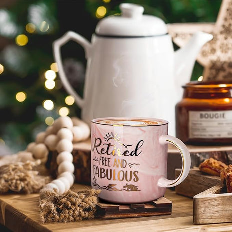 Retirement Gift for Woman 2025 - Retirement Gifts for Women, Coworker Leaving, Farewell, Going Away, Goodbye Gifts, Retired Free And Fabulous -14oz Pink Marble Coffee Mug, Gift Box