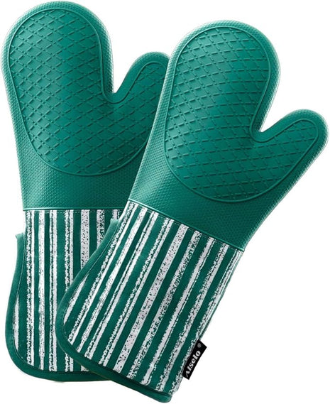 Silicone Oven Mitts Heat Resistant 932℉ with Waterproof & Non-Slip Kitchen Mittens, Set of 2 Extra Long Oven Gloves with Soft Cotton Terry Lining for Baking Cooking Barbecue (Emerald Green, 2)