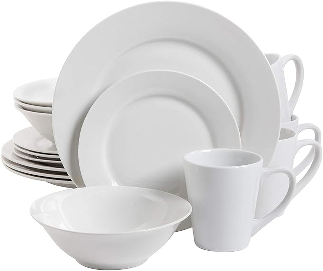 Gibson Home Amelia Court Porcelain Chip and Scratch Resistant Dinnerware Set, Service for 4 (16pcs), White (Round)