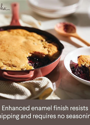 Ayesha Curry Kitchenware Enameled Cast Iron Skillet/Frying Pan with Helper Handle and Pour Spouts, 12 Inch - Redwood Red