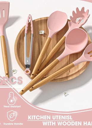 Umite Chef Silicone Kitchen Utensils Set, 33 Piece Non-Stick Kitchen Utensils with Stand, Wooden Handle, Pink