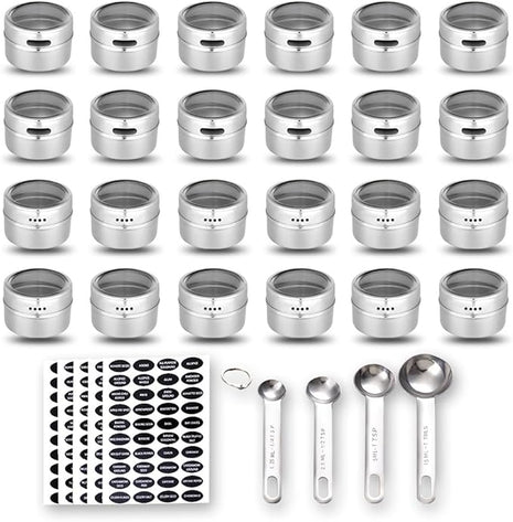 24 Magnetic Spice Tins, 200 Spice Labels, 4 Stainless Steel Measuring Spoons Magnetic Spice Containers Organizer Storage Condiment Jar Set of 24, Clear Lid, Sift and Pour