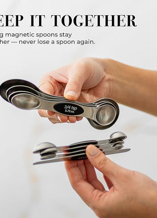 Stanless Steel Magnetic Measuring Spoons Set with Leveler - 8-Piece Heavy Duty Metal, Dual Sided, Stackable, BPA Free, Stainless Steel Measuring Spoons for Dry & Liquid Ingredient - Fits in Spice Jars