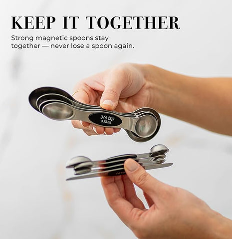 Stanless Steel Magnetic Measuring Spoons Set with Leveler - 8-Piece Heavy Duty Metal, Dual Sided, Stackable, BPA Free, Stainless Steel Measuring Spoons for Dry & Liquid Ingredient - Fits in Spice Jars