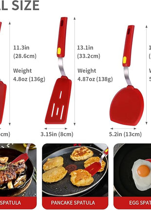 Silicone Spatula Turner Heat Resistant 600°F 3 Piece Set Non Scratch Flexible Slotted and Solid Thin Rubber Spatula Flipper for Cooking Pancake,Egg,Fish,Burger,Steak for Nonstick Cookware,Red