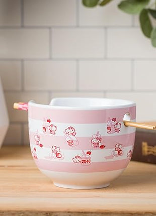 Silver Buffalo Sanrio Hello Kitty Strawberry Milk Pattern Ceramic Ramen Noodle Rice Bowl with Chopsticks, Microwave Safe, 20 Ounces